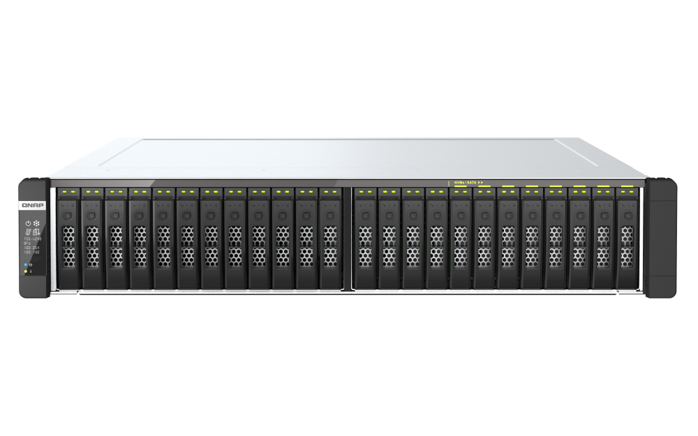 QNAP - TDS-h2489FU-4314-256G-US - QNAP 24-Bay 2U all-flash NAS, NVMe Gen 4 x4, Dual Intel Xeon Silver 4314Y processor (up to 3.4 GHz), 256GB RDIMM ECCC DDR4 RAM, 4 x 2.5GbE LAN, 2 x 25GbE SFP28 SmartNIC port, 2 x PCIe expansion slot