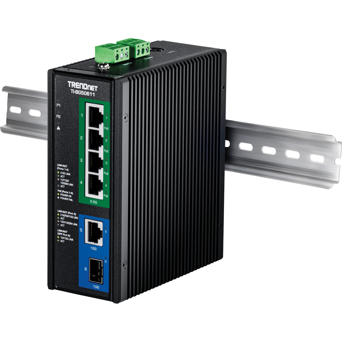 Trendnet - TI-BG50611 - 6-Port Industrial 2.5G PoE++ DIN-Rail Switch with 10G Ports