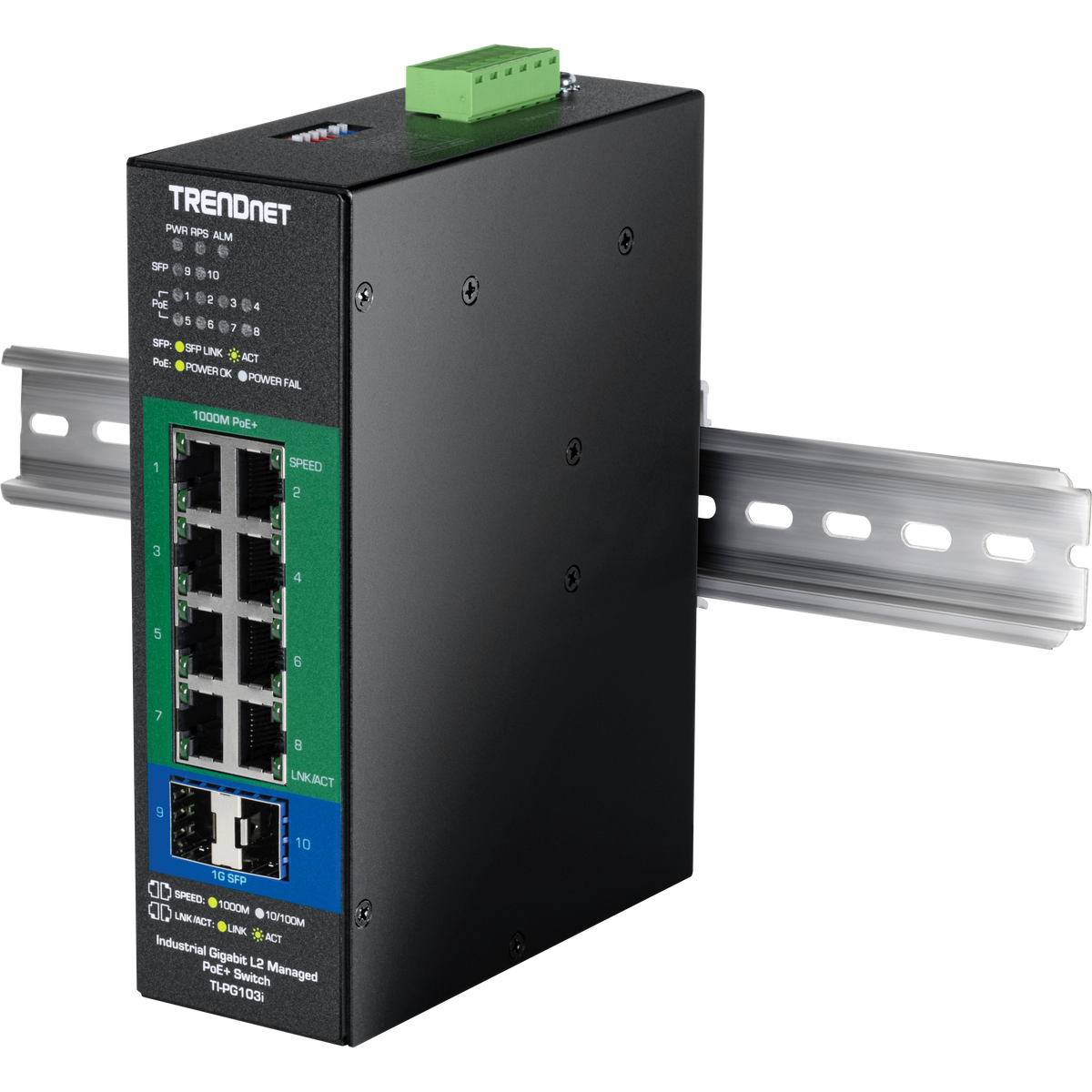 Trendnet - TI-PG103i - 10-Port Industrial Gigabit L2 Managed PoE+ DIN-Rail Switch 24 - 57V