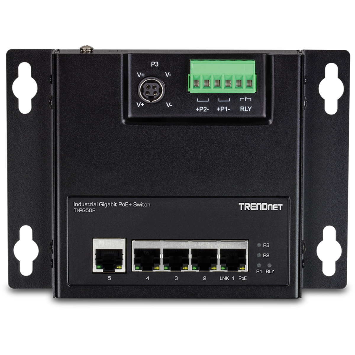 TRENDNET - TI-PG50F - 5-Port Industrial Gigabit PoE+ Wall-Mounted Front Access Switch