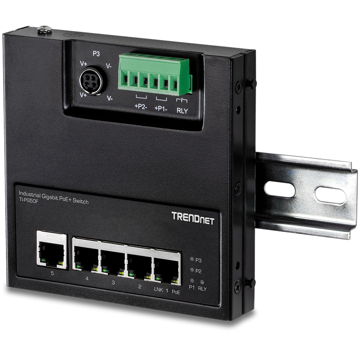 TRENDNET - TI-PG50F - 5-Port Industrial Gigabit PoE+ Wall-Mounted Front Access Switch