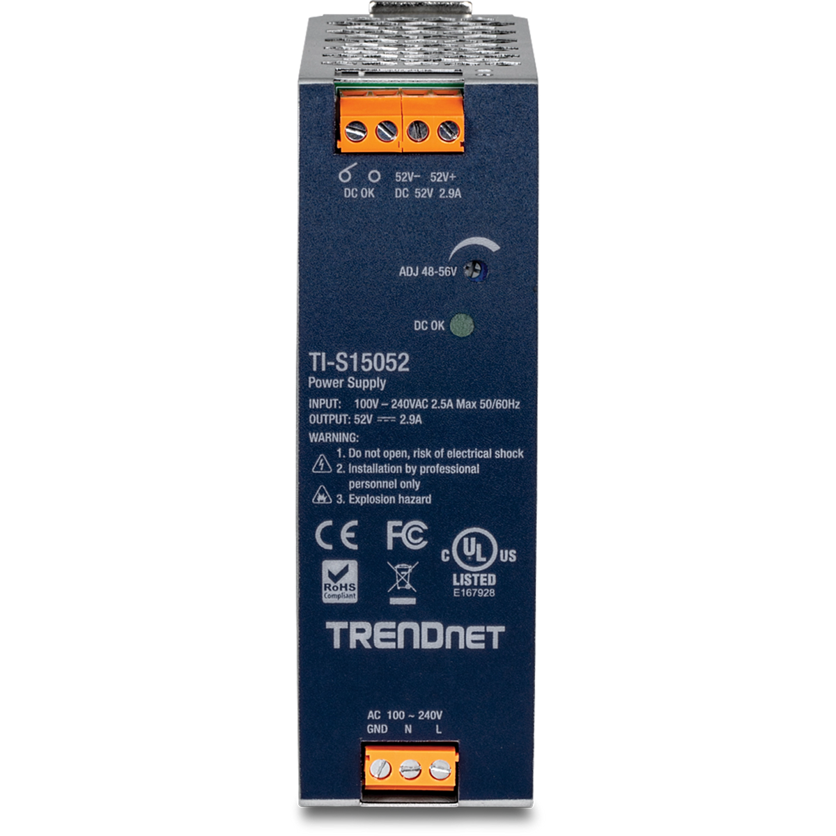 TRENDNET - TI-S15052 - 150W, 52V DC, 2.89A AC to DC DIN-Rail Power Supply with PFC Function