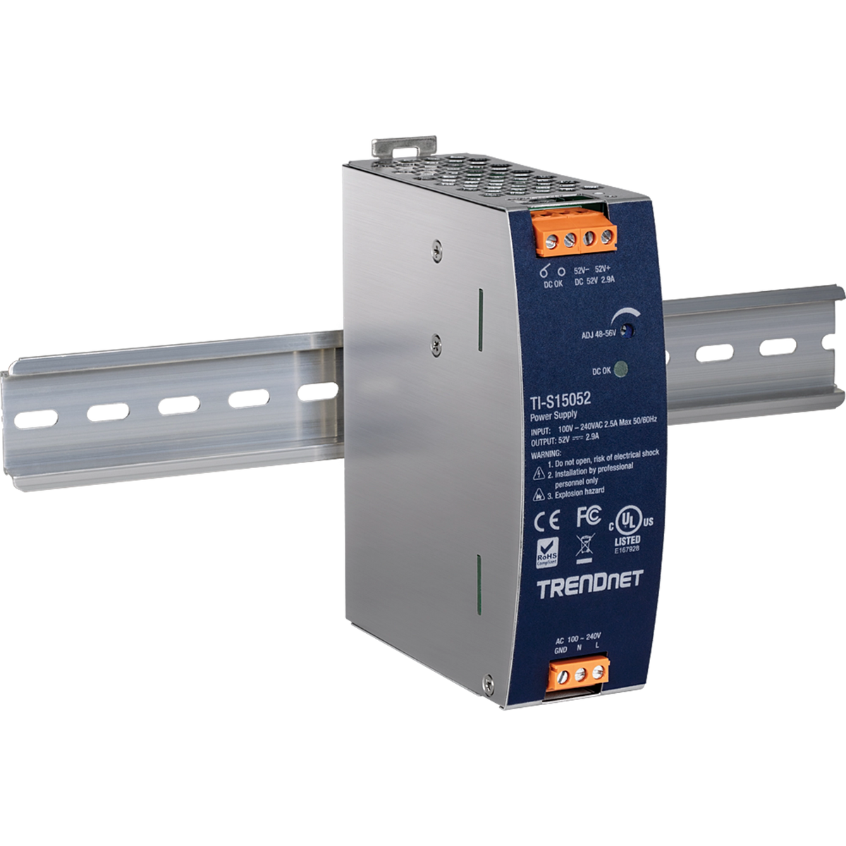 TRENDNET - TI-S15052 - 150W, 52V DC, 2.89A AC to DC DIN-Rail Power Supply with PFC Function