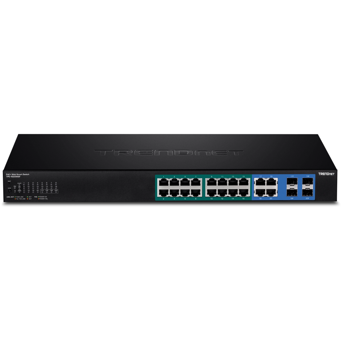 TRENDNET - TPE-1620WSF - 20-port Gigabit Web Smart POE+ Switch w/ 2 Shared SFP Slots  (16 PoE+, 2SFP) (370W)