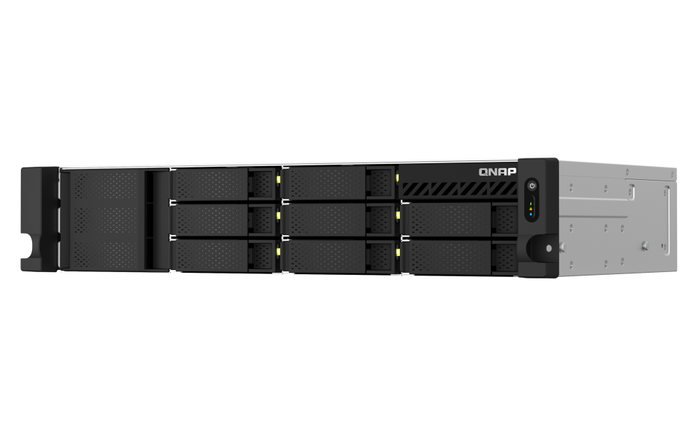 QNAP - TS-873AeU-4G-US - QNAP 2U 8-Bay short-depth rackmount NAS/iSCSI IP-SAN. AMD Ryzen V1500B 4C/8T 2.2GHz, 4GB RAM, 2x2.5GbE LAN, M.2 2280 NVMe/SATA SSD( PCIe Gen3x1), Optional 10GbE PCIe expansion, Single PSU