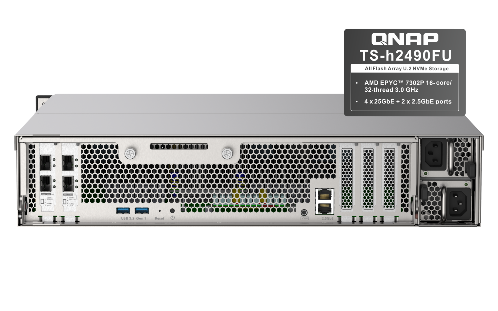 QNAP - TS-h2490FU-7302P-256G-US - QNAP 24-Bay all-flash NAS, NVMe Gen3 x4, AMD EPYC 7302P 3.0GHz, 256GB RDIMM ECCC DDR4 RAM, 2 x 2.5GbE LAN, 4 x 25GbE SFP28, iSCSI, RAID 0,1, 5, 6, 10, 5+spare, 6+spare, 10+spare, global hot spare,  PCIe expansion slot x5 