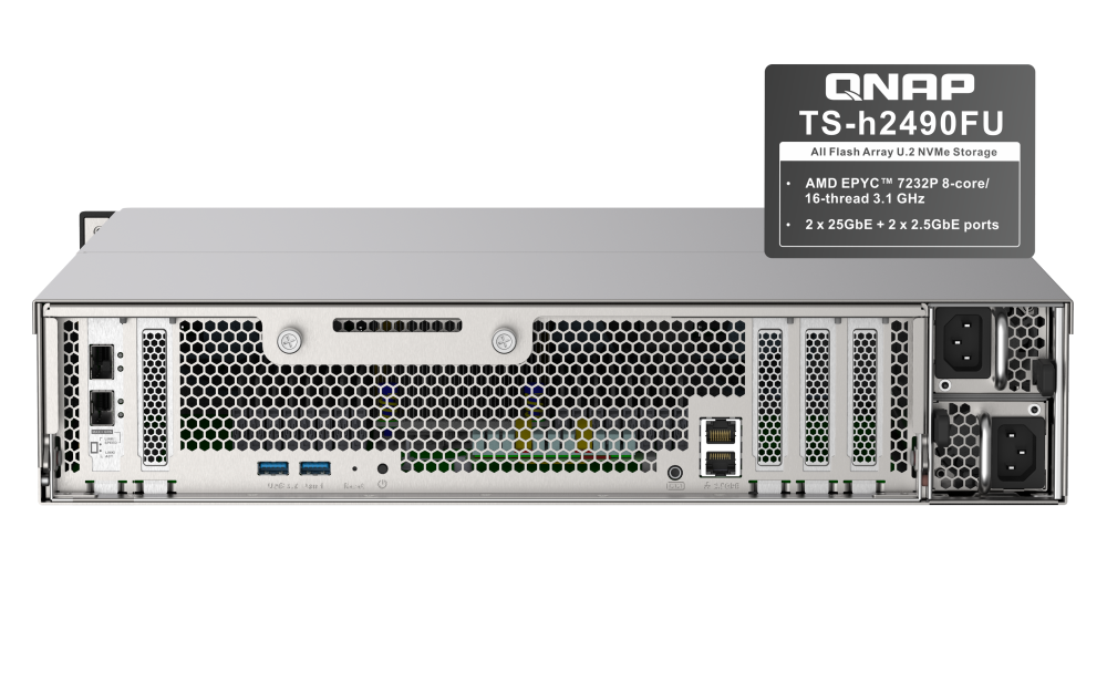 QNAP - TS-h2490FU-7302P-256G-US - QNAP 24-Bay all-flash NAS, NVMe Gen3 x4, AMD EPYC 7302P 3.0GHz, 256GB RDIMM ECCC DDR4 RAM, 2 x 2.5GbE LAN, 4 x 25GbE SFP28, iSCSI, RAID 0,1, 5, 6, 10, 5+spare, 6+spare, 10+spare, global hot spare,  PCIe expansion slot x5 