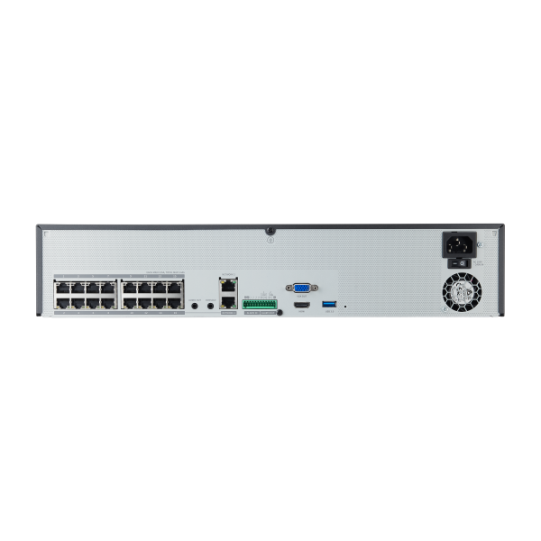 Hanwha - XRN-1620SB1-8TB - 8K NVR (Intel based), 8TB RAW, 16 channels with 16 PoE/PoE+ ports (PoE Budget 200W), H265,H264, MJPEG, 4 fixed internal SATA HDDs (6TB max per HDD), ARB (Automatic Recovery Backup), 140 Mbps recording / up to 32 Mbps playba