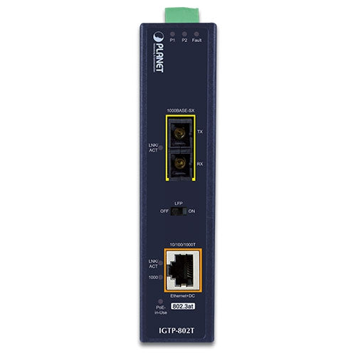 Planet - IGTP-802T - IP30 Industrial 10/100/1000BASE-T to 1000BASE-SX Converter with 802.3at PoE+