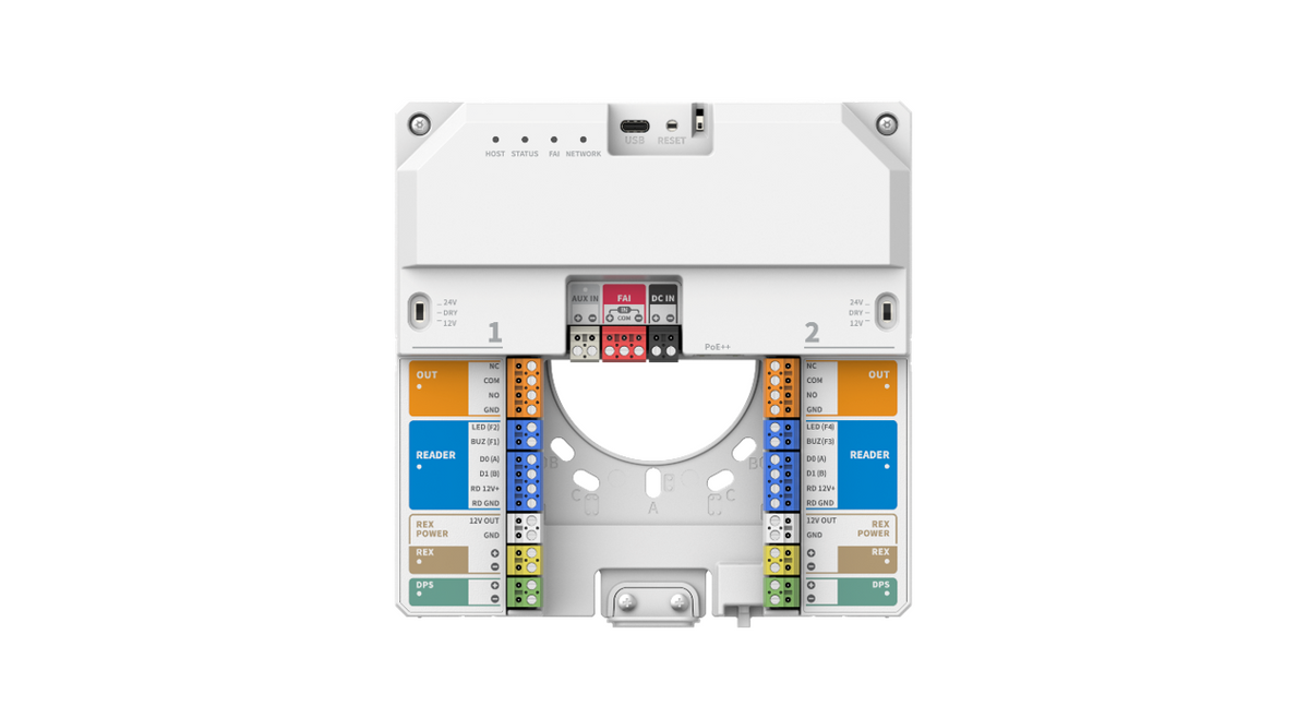 Hanwha - NHP-P200 - Powered by OnCAFE, IP Controller supporting (2) doors, featuring (2) Wiegand/OSDP reader ports (up to 4 OSDP Readers), (5) Supervised Inputs, up to (4) Unsupervised OSDP Flex Inputs, (2) Form-C wet relay outputs with dry/12VDC/24V