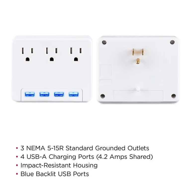 Cyber Power - P3WU - 3 AC Outlet Wall Tap 125V with 4 Lighted 4.2A USB Charging Ports 