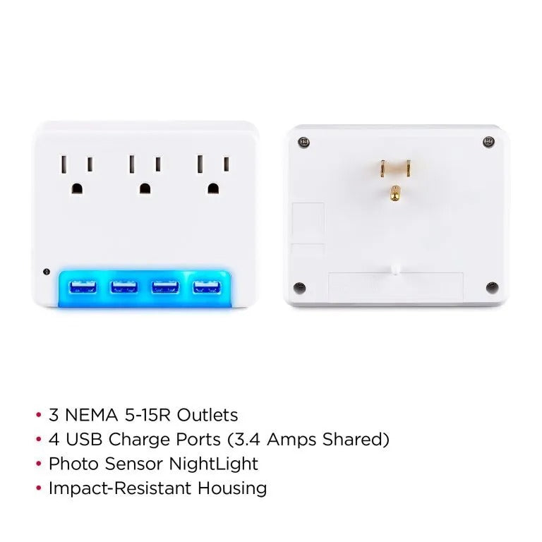 Cyber Power - P3WUN - 3 AC Outlet Wall Tap 125V with 4 USB 3.4A Charging with Night Light 