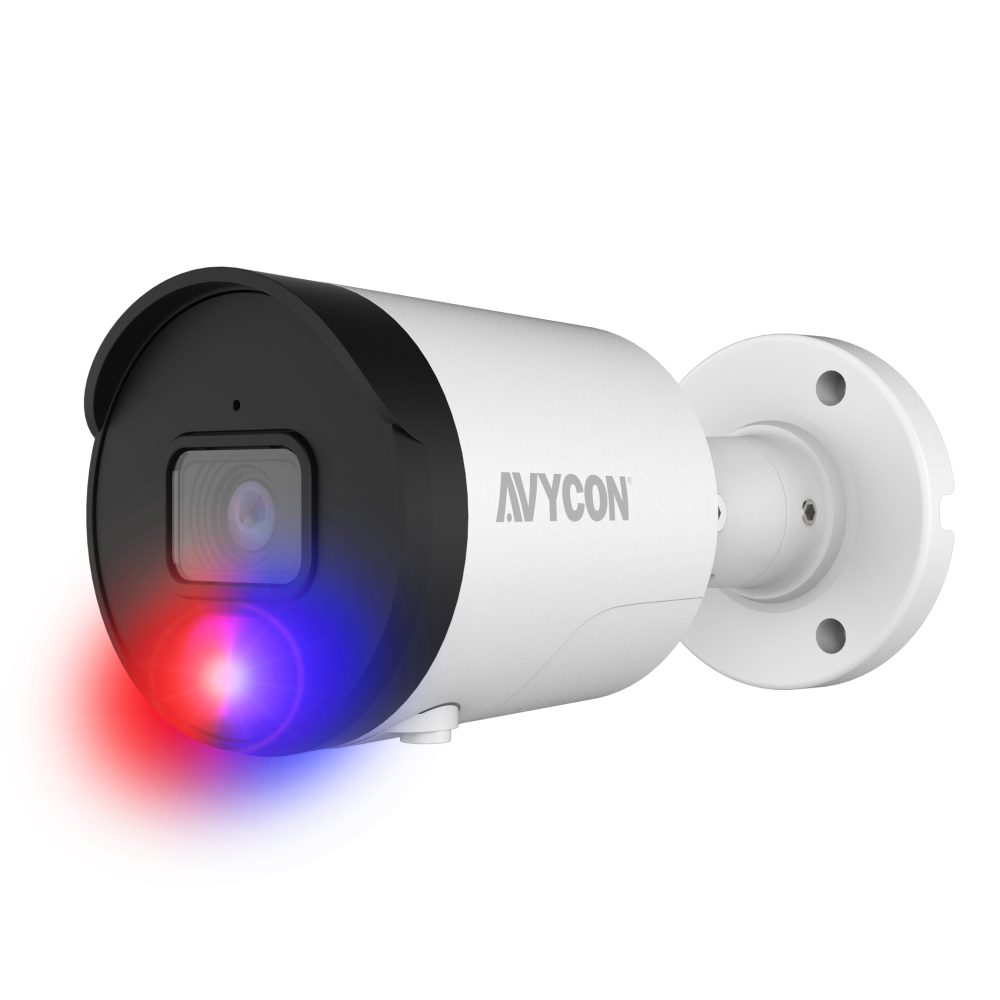 AVYCON - AVC-NAB41F28 - 4MP H.265+ InfiniteColor, Bullet Diversity Active Deterrence IP Camera, AI Lite, DWDR, 4MP@25FPS, Full Color (white light), Built-in Mic, Speaker (2-way), Siren, 2.8mm Fixed Lens, MicroSD, Onvif, DC12V / PoE, IP67, White