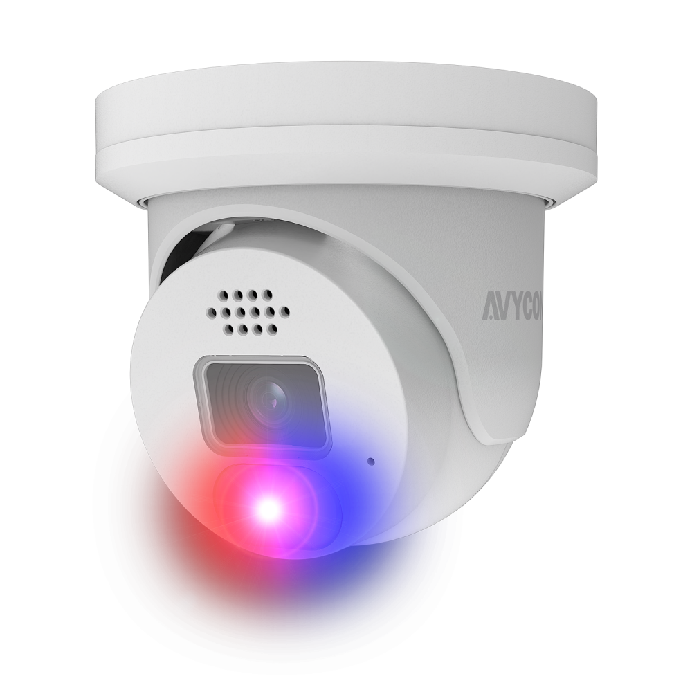 AVYCON - AVC-NAE41F28 - 4MP H.265+ InfiniteColor, Turret Diversity Active Deterrence IP Camera, AI Lite, DWDR, 4MP@25FPS, Full Color (white light), Built-in Mic, Speaker (2-way), Siren, 2.8mm Fixed Lens, MicroSD, Onvif, DC12V / PoE, IP67, White